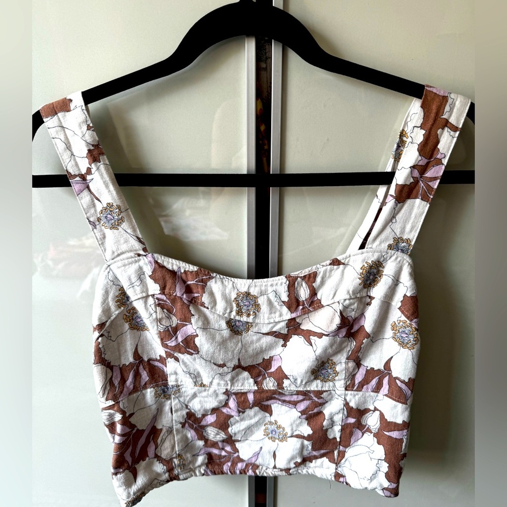 Abercrombie Floral Brown, Pink & White Crop Top, Corset, smocked back, linen (M)